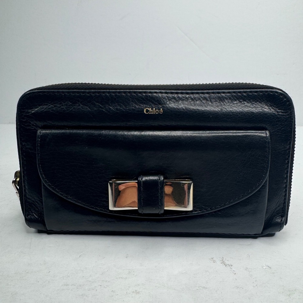 Chloe Lily Zip Around Wallet Black Leather Bow Continental Long Clutch 3P0501